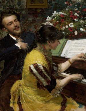 I have seen once' - scene by the piano by Leon Wyczolkowski Oil Painting