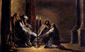 The Scribe Shaphan Reading the Book of Law to King Josiah Oil painting by Leonaert Bramer