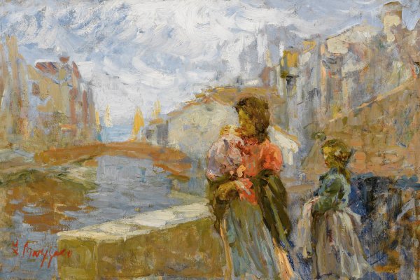 Canale Veneziano by Leonardo Bazzaro - Hand-Painted Oil Painting Reproduction