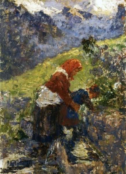 Mother and Child at the Fountain by Leonardo Bazzaro - Hand-Painted Oil Painting Reproduction