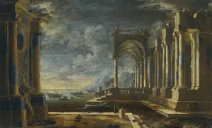 Classic Ruins With Fountain On The Sea by Leonardo Coccorante Oil Painting