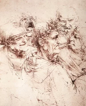 Study of Five Grotesque Heads by Leonardo Da Vinci Oil Painting