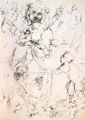 Study of Nursing Madonna and Profile Heads by Leonardo Da Vinci Oil Painting