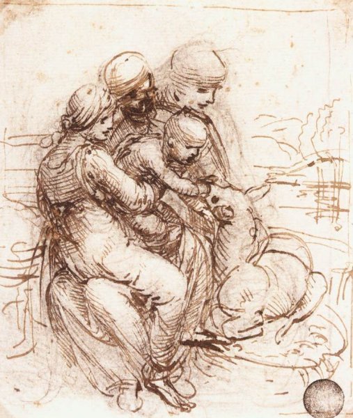 Study of St Anne, Mary, the Christ Child and the Young St John  by Leonardo Da Vinci - Hand-Painted Oil Painting Reproduction