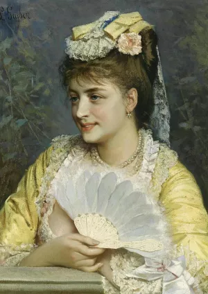 An Elegant Lady Holding a Fan painting by Leonardo Gasser