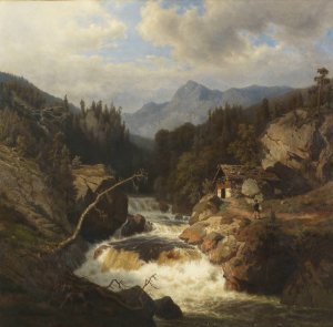 Gebirgslandschaft mit Jagersmann am tosenden Fluss by Leonhard Rausch Oil Painting