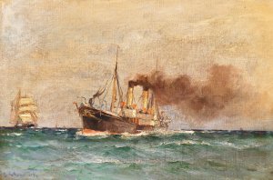 Dampffischkutter auf hoher See by Leonhard Sandrock Oil Painting
