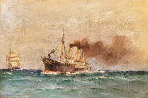 Dampffischkutter auf hoher See by Leonhard Sandrock Oil Painting