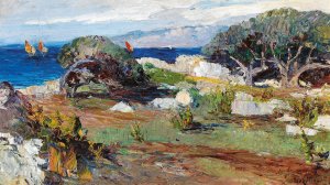 A Coastal Landscape by Leontine Von Littrow Oil Painting