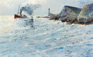 A steamboat in a landscape with lighthouse by Leontine Von Littrow Oil Painting
