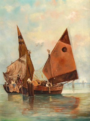 Boat with Sails Set and Moored in the Lagoon by Leontine Von Littrow Oil Painting