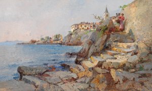 Coastal Scene At Lovrana by Leontine Von Littrow Oil Painting