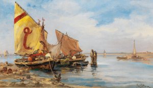 Fishermen in the Venetian Lagoon by Leontine Von Littrow Oil Painting