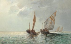 Fishing Boats By The Coast by Leontine Von Littrow Oil Painting