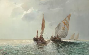 Fishing Boats By The Coast Oil painting by Leontine Von Littrow