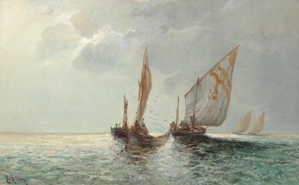 Main Product Photo of Fishing Boats By The Coast Painting by Leontine Von Littrow