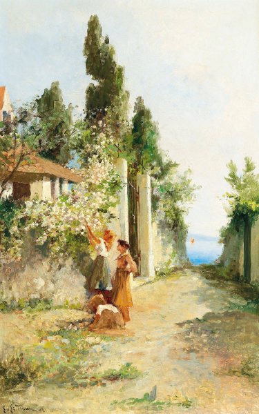 Main Product Photo of Three girls gathering roses Painting by Leontine Von Littrow