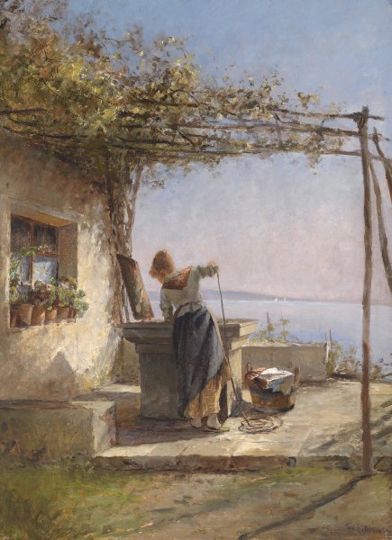 Main Product Photo of Waschermadel am Brunnen Painting by Leontine Von Littrow