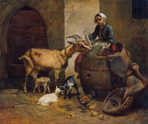 Girl with goat by Leopold Brunner Oil Painting