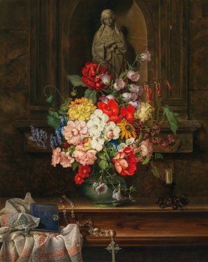 Madonna in a Niche with a Sumptuous Bouquet of Flowers by Leopold Brunner The Elder Oil Painting