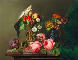 Still Life with Roses, Fruit, Cockatiel and Stag Beetle by Leopold Brunner The Elder Oil Painting