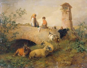 Knabe und Madchen mit Schafen und Ziegen by Leopold Brunner The Younger Oil Painting
