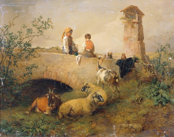 Knabe und Madchen mit Schafen und Ziegen  by Leopold Brunner The Younger - Hand-Painted Oil Painting Reproduction