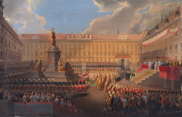 Enthullung des Denkmals fur Kaiser Franz I. von Osterreich am 19. Juni 1846 auf dem Wiener Franzensplatz  by Leopold Bucher - Hand-Painted Oil Painting Reproduction