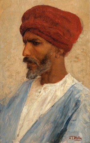 Portrait of an Oriental with a Red Turban by Leopold Carl Muller Oil Painting