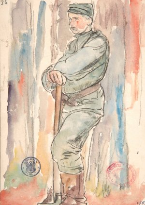 A Soldier of the Polish Legions digging shooting ditches by Leopold Gottlieb Oil Painting