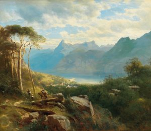 A view of Lake Lucerne and the Bernese Highlands by Leopold Heinrich Voscher Oil Painting