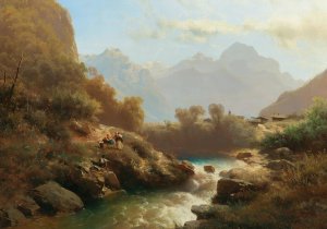 A view of Lofer and the Lofer Mountains by Leopold Heinrich Voscher Oil Painting