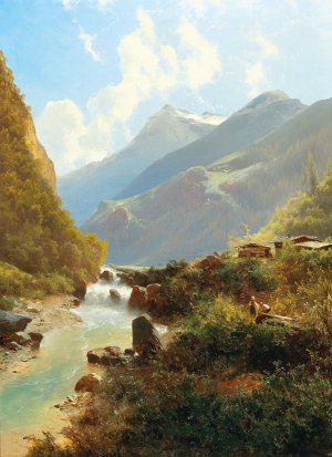 By the Mountain Torrent by Leopold Heinrich Voscher Oil Painting