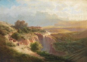 View of an Upper Italian Town with decorative figures by Leopold Heinrich Voscher Oil Painting