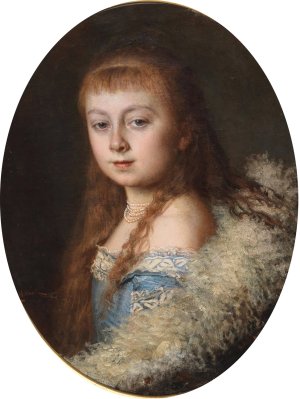 Portrait of a Girl in a Blue Dress and Pearl Necklace by Leopold Horovitz Oil Painting