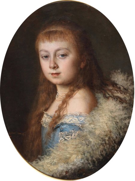 Portrait of a Girl in a Blue Dress and Pearl Necklace by Leopold Horovitz - Hand-Painted Oil Painting Reproduction