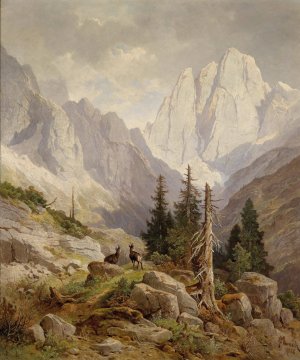 Gamsen im Hochgebirge by Leopold Munsch Oil Painting