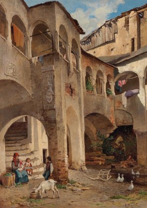 Idylle im Deisener Hof by Leopold Munsch Oil Painting