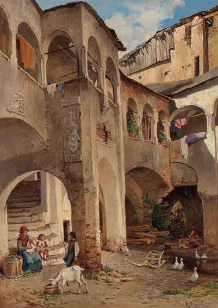 Idylle im Deisener Hof by Leopold Munsch - Hand-Painted Oil Painting Reproduction