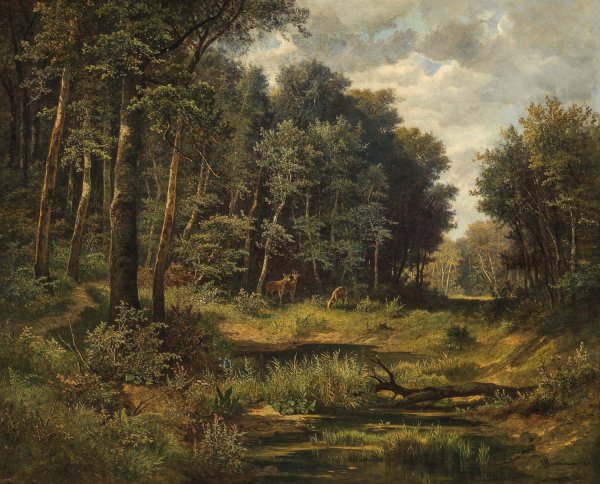 Main Product Photo of Roe Deer at the Forest Pond Painting by Leopold Munsch