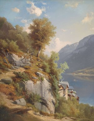 Sommerliche Landschaft mit Blick auf den Hallstatter See by Leopold Munsch Oil Painting