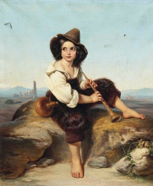 A little shepherd playing the oboe at the Claudia Aqueduct on the Roman Compagna by Leopold Pollak Oil Painting