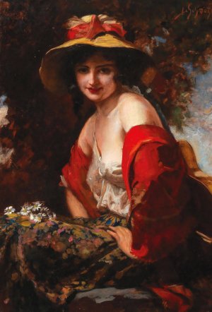 A Young Lady With A Straw Hat by Leopold Schmutzler Oil Painting