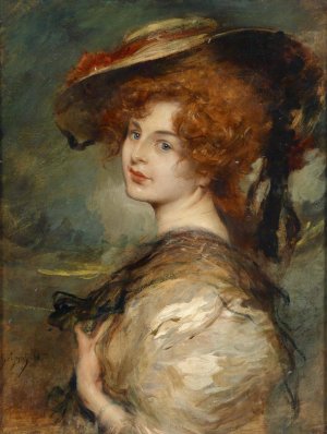 Bildnis einer Dame mit rotem Haar und Hut by Leopold Schmutzler Oil Painting