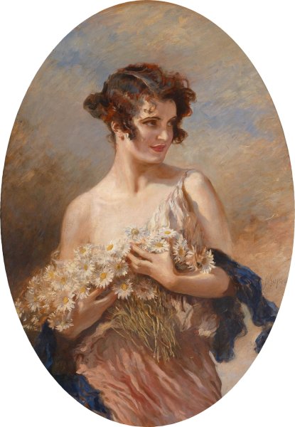 Dame mit Margeritenstraus by Leopold Schmutzler - Hand-Painted Oil Painting Reproduction