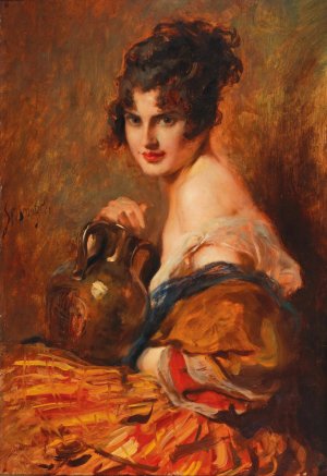 Schone mit Weinkaraffe by Leopold Schmutzler Oil Painting