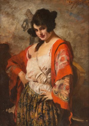 Spanish beauty with guitar by Leopold Schmutzler Oil Painting