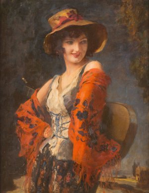 Young woman with guitar by Leopold Schmutzler Oil Painting