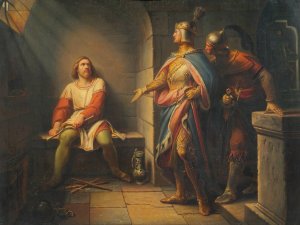 Ludwig der Bayer verkundet Friedrich dem SchOnen 1314 seine Freilassung und bietet ihm die Mitregentschaft an Oil painting by Leopold Schulz