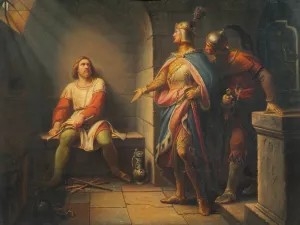Ludwig der Bayer verkundet Friedrich dem SchOnen 1314 seine Freilassung und bietet ihm die Mitregentschaft an Oil painting by Leopold Schulz